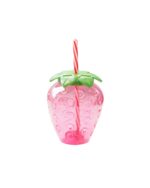 Pink strawberry water bottle with a straw and stem.