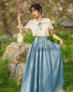 Blue cottagecore aesthetic dress with ruffled skirt and lace details.