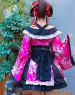 Pink floral harajuku aesthetic kimono with black accents and lace trim, featuring a layered design.