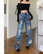 Retro Style Cute Graffiti Y2K Jeans with colorful character prints.
