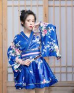 Blue short floral kimono with pink floral details, featuring Japanese aesthetic style.