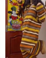 Long Retro Style Dress - Vintage Aesthetic in striped corduroy, featuring a color palette of brown, yellow, and orange.
