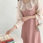 Pink puff sleeve french aesthetic dress, long-sleeved, with button detailing.