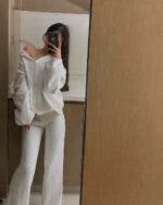 White fluffy bunny pajamas set, soft and cozy loungewear.