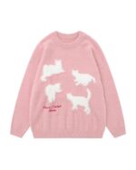 Pink kitten sweater with embroidered cat silhouettes. Kawaii clothes.