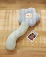 Kawaii angry flower plushie pillow with removable head, light blue color.