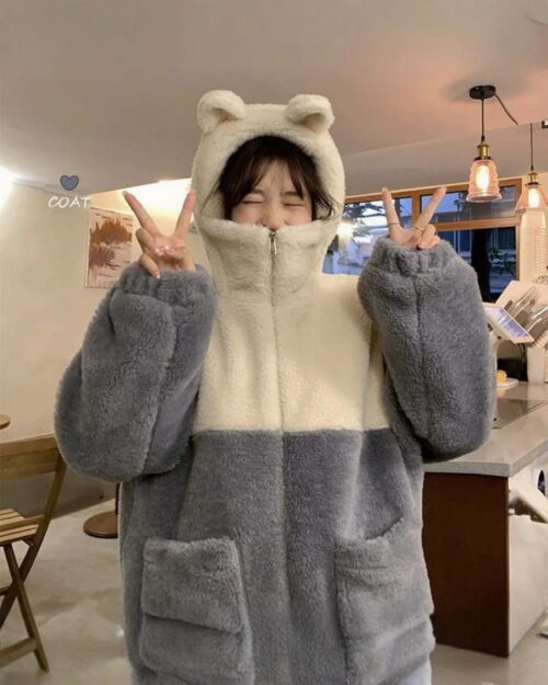 Warm Bear Ears Fluffy Coat - Kawaii bear ear jacket, a grey and white hooded sweatshirt.