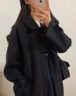 Black korean style coat, double-breasted design, wool fabric, casual outerwear.