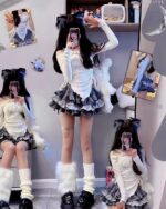 Two models wearing a y2k lolita set featuring layers, ruffles, and platform boots. Vintage aesthetic.