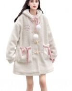 Fluffy hooded coat featuring a teddy bear and pink accents, kawaii style.