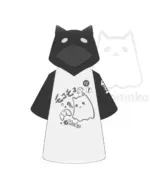 White t-shirt with a ghost neko hooded design and Japanese text. Product: ghost neko hoodie
