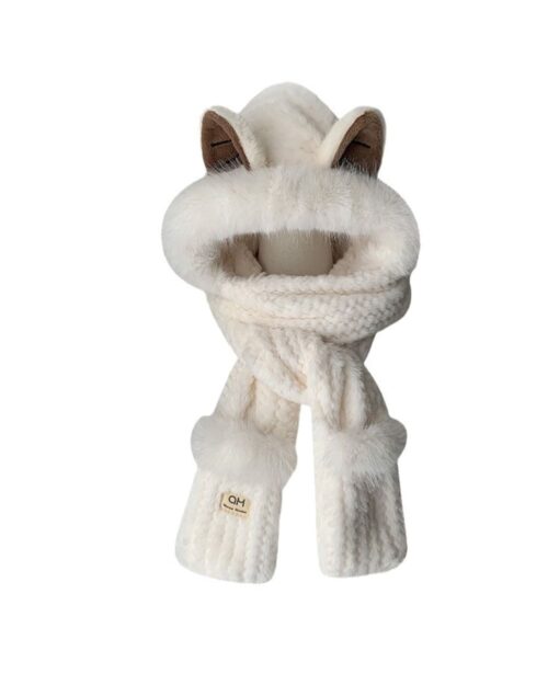 Cream-colored fox ears scarf with hood and gloves, warm winter accessory.