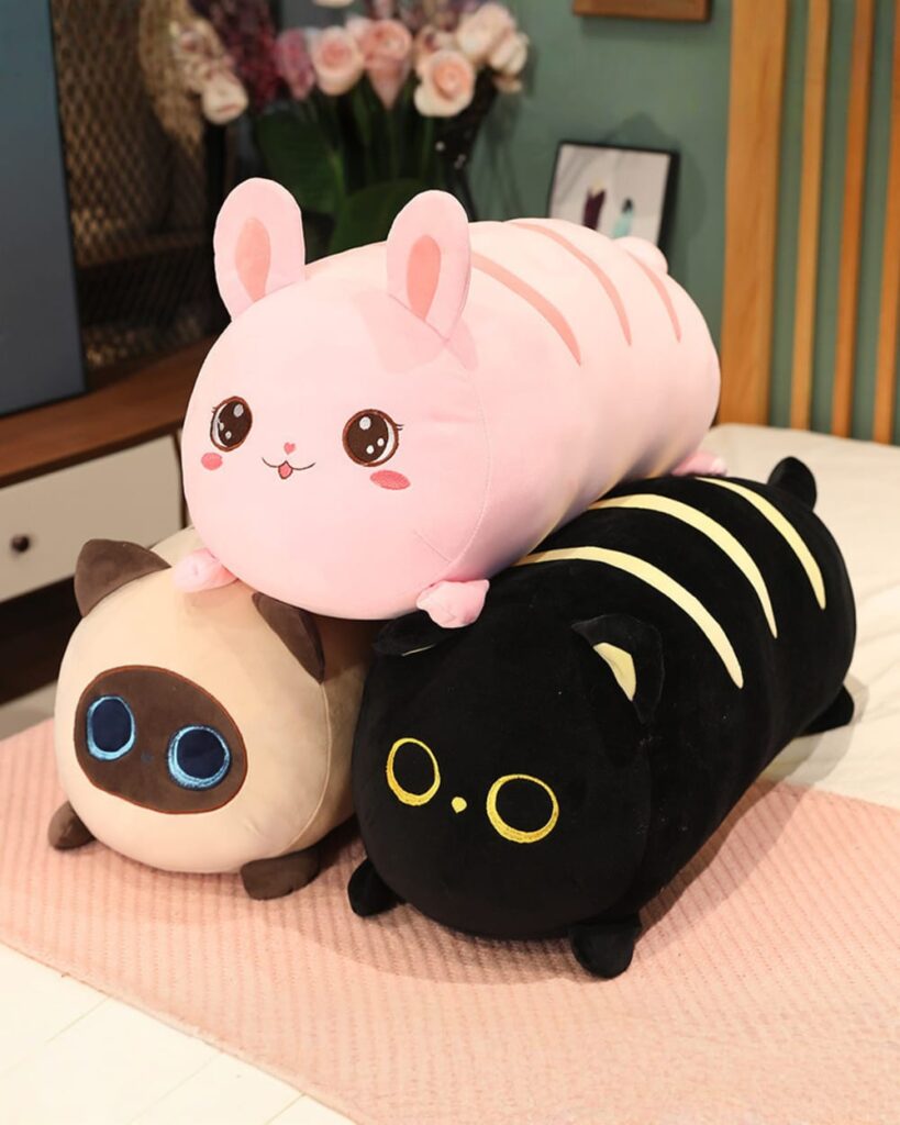 Kawaii Chonky Loaf Plushie - Pet Collection featuring a pink bunny and black cat plushies.