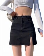 Black high waist denim y2k aesthetic skirt with a slit.