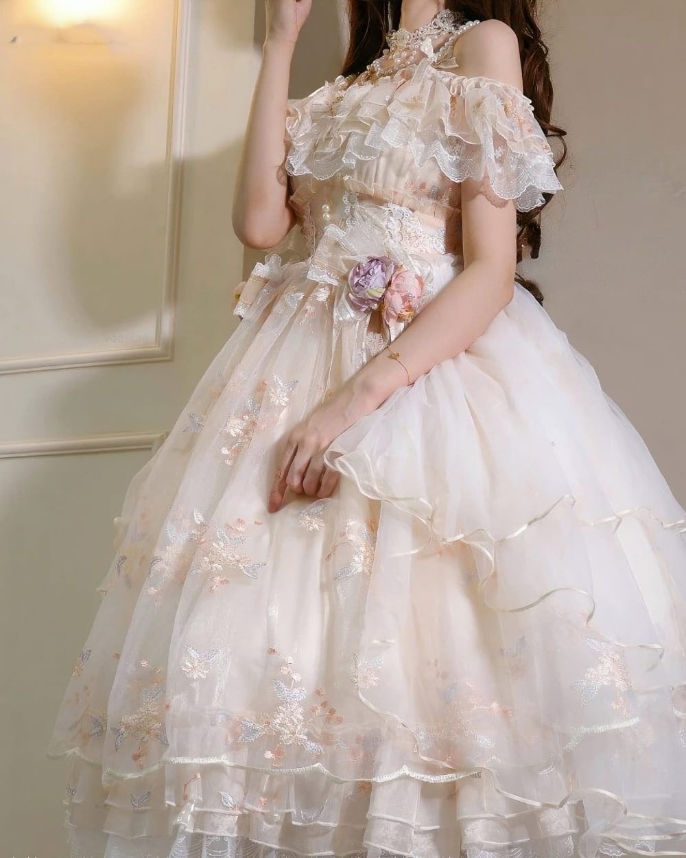 Floral puffy lolita dress featuring ruffles and lace details, princesscore style.