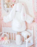 White easter bunny costume for child and parent, fluffy fabric, complete outfit.