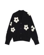 Black korean cardigan featuring large floral embroidery.