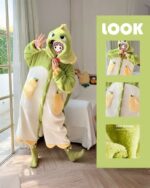 Green kawaii animal nightgown featuring a dragon design and hood. Thick coral fleece fabric.
