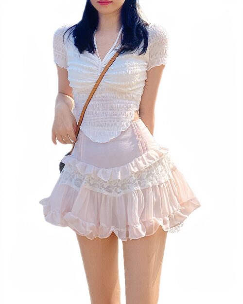 High Waist Ruffled Chiffon Coquette Aesthetic Skirt, layered and ruffled details.