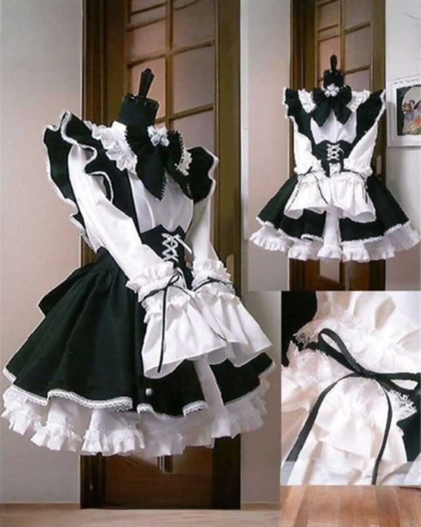 Classic maid outfit in black and white, featuring ruffles and lace details. Kawaii clothes costume.