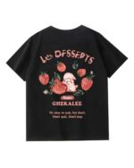 Black t-shirt with a strawberry bunny design and text. Features a strawberry bunny t-shirt print.