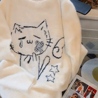 White Neko Fluffy Sweater - Cutecore Aesthetic