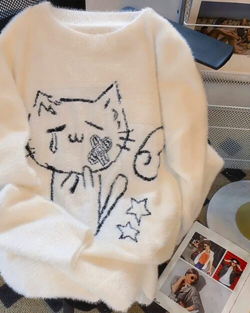 White Neko Fluffy Sweater - Cutecore Aesthetic