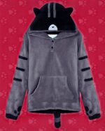 Kawaii Neko Atsume hoodie, grey plush design with cat ears and paws.