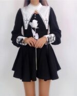 Black Gothic Nun Dress with lace collar and cuffs, short style. A gothic nun dress.
