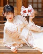 Hanabi Pattern Summer Yukata dressing featuring a woman with a fox mask.