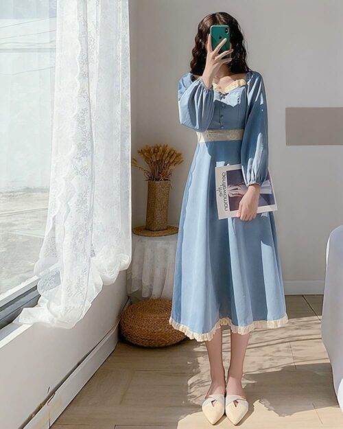 Retro Square Collar Dress - French Aesthetic