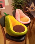 Kawaii fruit cushion depicting an avocado-shaped plush seat cushion on a chair.