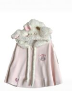 Pink lamb hoodie kawaii with fluffy hood and embroidery.