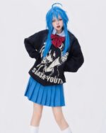 Model wearing a Black Lucky Star Pullover Sweater with a graphic design.