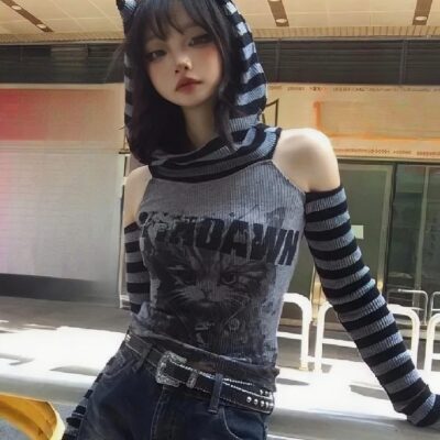 Striped Off-Shoulder Hoodie - Grunge Aesthetic