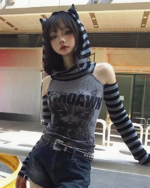 Striped Off-Shoulder Hoodie - Grunge Aesthetic