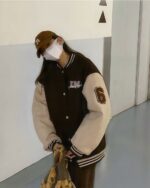 Brown and beige korean aesthetic jacket with embroidery and a hat.