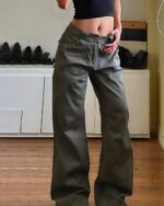 Olive green y2k aesthetic pants, high waist, wide leg style.
