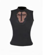 Black gothic mesh top featuring a cross detail. Product keyword: gothic mesh top