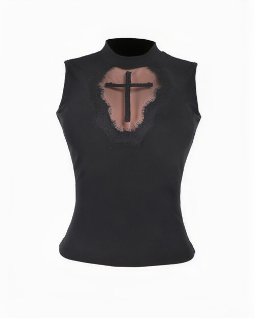 Black gothic mesh top featuring a cross detail. Product keyword: gothic mesh top