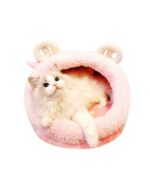 Pink kawaii cat bed with cat inside, plush animal-themed pet bed.