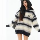 Striped Fluffy Sweater - Korean Aesthetic word3