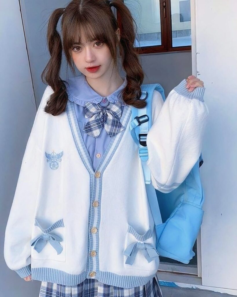 Japanese Style Bowed Cardigan Set - Soft Girl Aesthetic with a white cardigan and bow details.