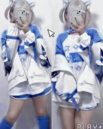 Sky Blue Gaming Tee - Harajuku Aesthetic, gamer girl shirt outfit featuring a blue jacket and shorts.