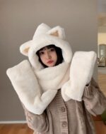 Fluffy bear ear scarf set: a three-piece warm scarf and gloves outfit.
