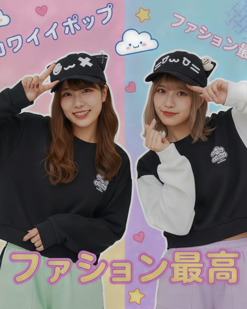 Two women wearing a black cat ear hat (Kuro Neko Cap) and a sweatshirt with kawaii designs.