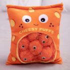 Cheesy Puffs plushie toy bag; orange fabric with polka dots and plush cheese puffs.
