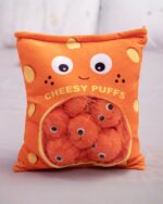 Cheesy Puffs plushie toy bag; orange fabric with polka dots and plush cheese puffs.