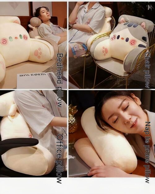 Kawaii cat plushie shown in various pillow arrangements, perfect for home decor.