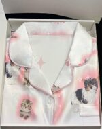 Kitty silky pajamas set featuring cute animal prints, including cats and dogs.